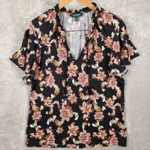 Ralph Lauren Linen Blend Black & Pink Floral Blouse Ruffle Sleeves & Neck Sz XL